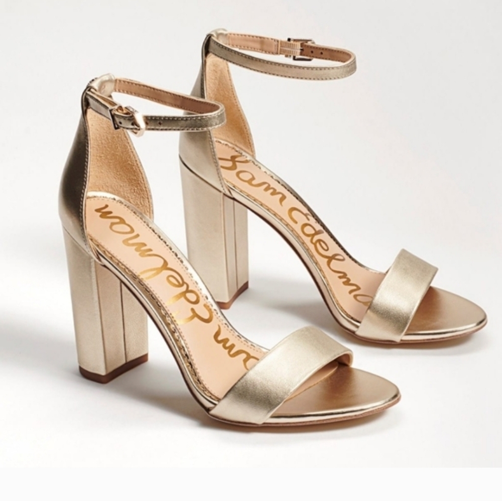 Sam Edelman Light Gold Leather Yaro Block Heel Ankle Strap Sandals NWB Size 5m - Picture 1 of 11